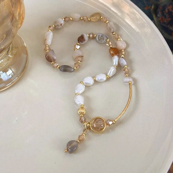 Gemstone & Freshwater Pearl Beaded Charm Bracelet Vintage Elegant Layered Style - Picture 5 of 8